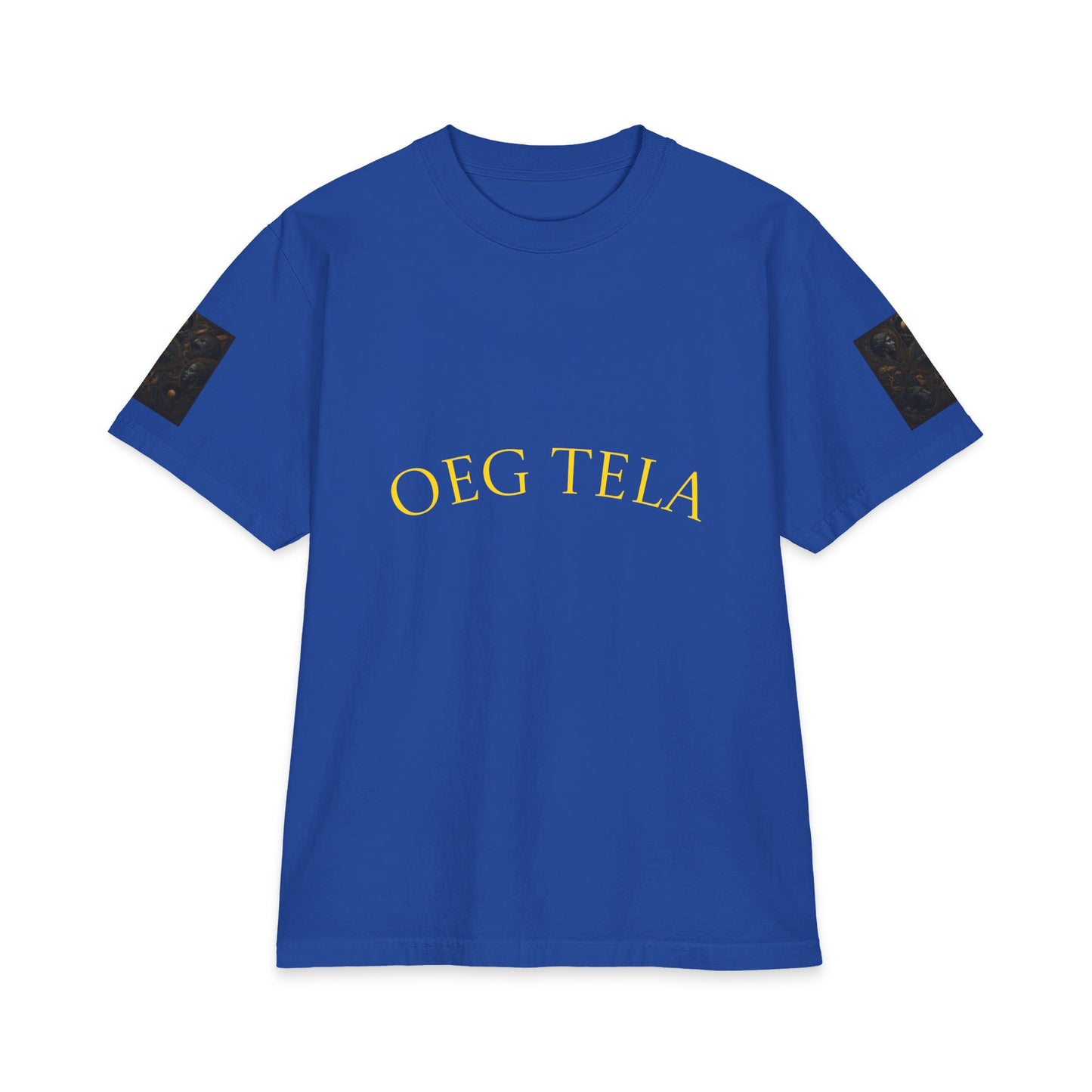 Oeg Tela Black Graphic Tee — Minimal Gold Arch Logo Short Sleeve Shirt