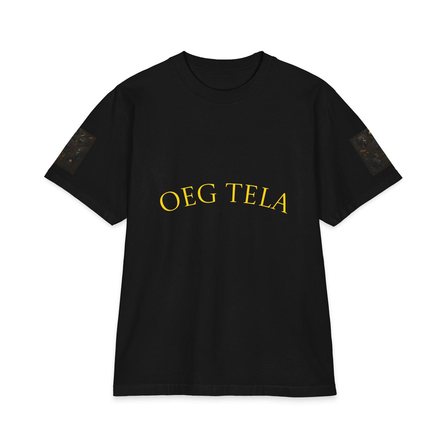 Oeg Tela Black Graphic Tee — Minimal Gold Arch Logo Short Sleeve Shirt