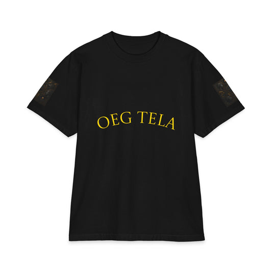Oeg Tela Black Graphic Tee — Minimal Gold Arch Logo Short Sleeve Shirt